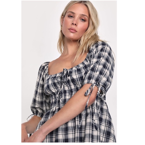 Lulus NWT Plaid Countryside Aura Navy Blue Plaid Short Sleeve Mini Dress Small - Picture 6 of 14